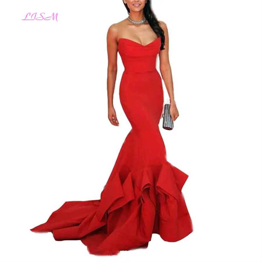 

Sexy 2019 Red Mermaid Evening Dresses Long Strapless Tiered Evening Gowns vestido de noche Elegant Bodice Sweep Train Prom Dress