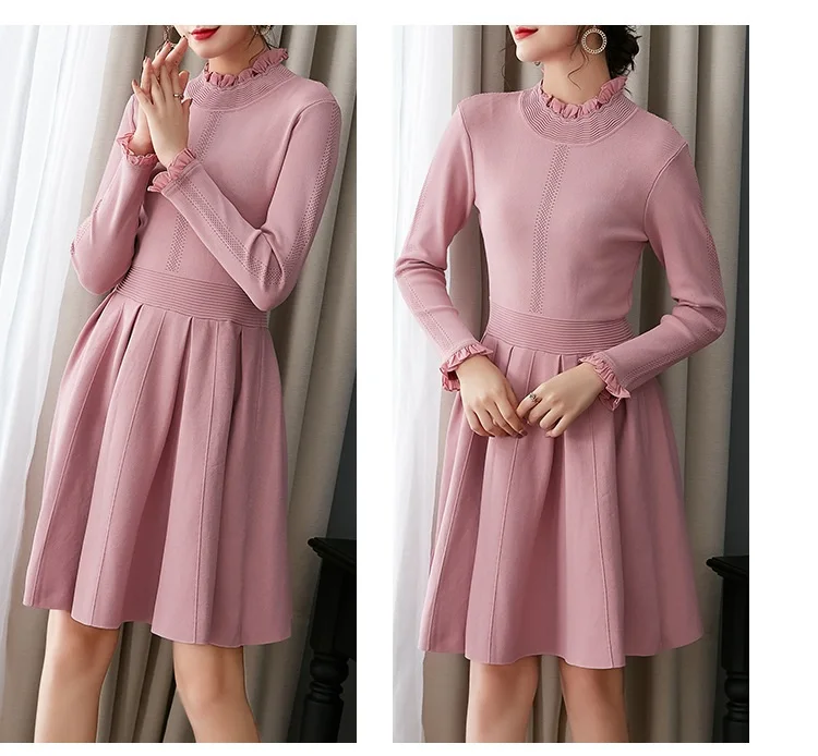 Вязаное платье осень-зима, платье-свитер, женское платье с гофрированным воротником, вязанное платье с длинным рукавом, милое розовое платье-пуловер