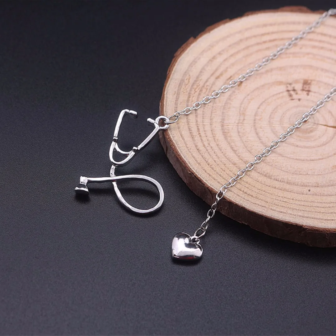 4 Colors Doctor Nurse Stethoscope Lariat Heart Pendant Chain Necklace Jewelry