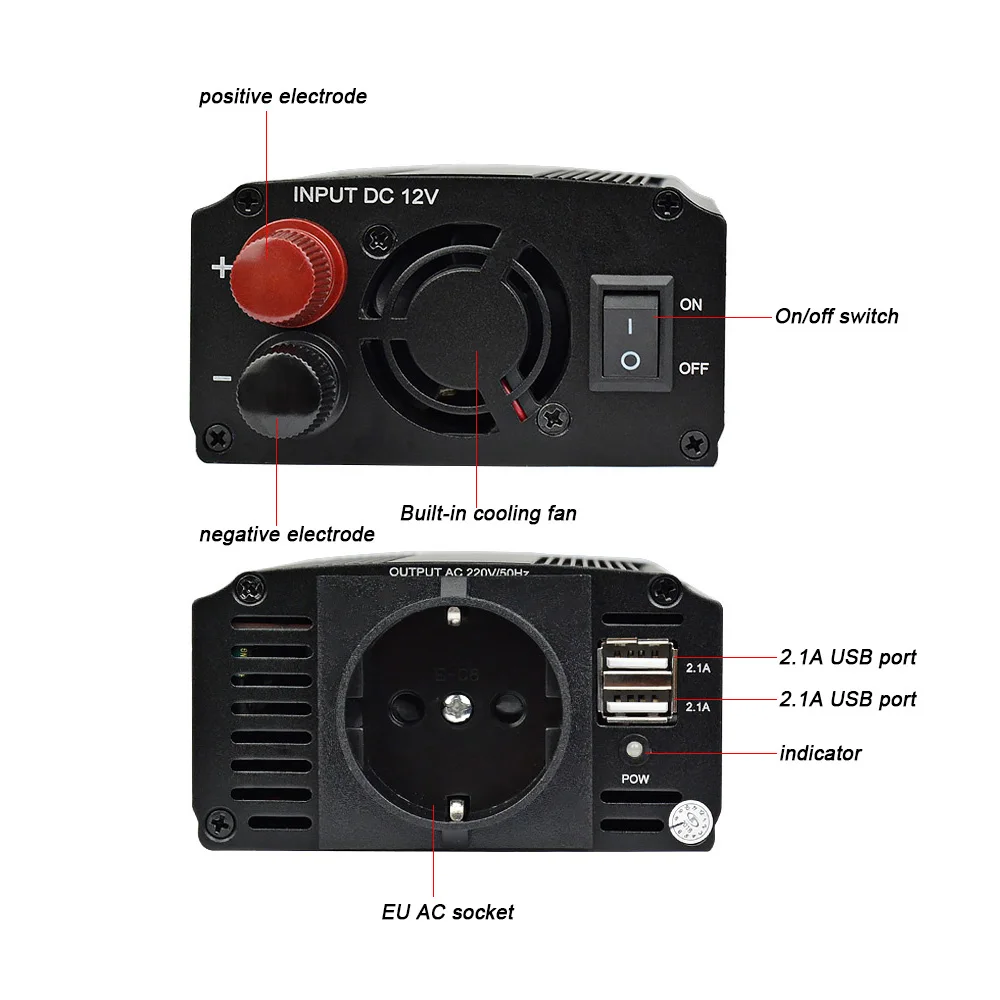 AOSHIKE Dual USB 4.2A inversor 12v 220v 300W 500W UE inversor de corriente de coche 12V a 220V tran