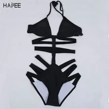 2017 Sexy Women High Waisted Cut Out Bandage/Bondage/Hollow Halter Black Swimwear/Swimsuit/Bikinis/Monokini