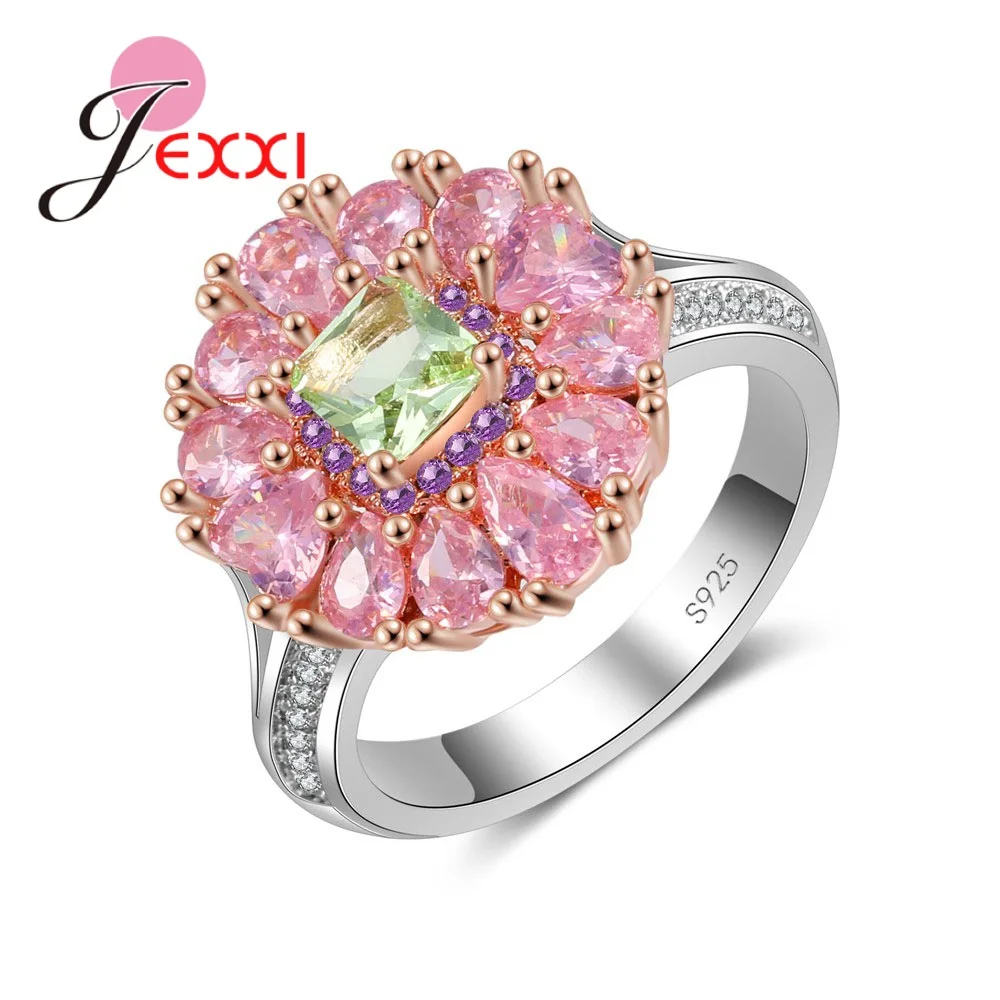 

New Latest Romantic Pink Crystal Flower Shape Jewelry Ring For Women 925 Sterling Silver Anel Anillo For Girl Women Anillo