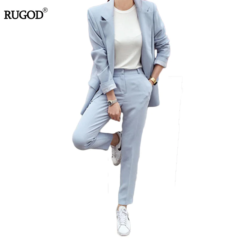 RUGOD New Blazers Pants Suit Solid Simple 2 two Piece Set Long font b Slim b
