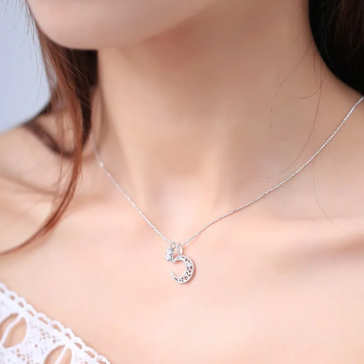 Fashion 925 Sterling Silver Fine Jewelry Hollow Moon Stars Rhinestones Chain Choker Necklace