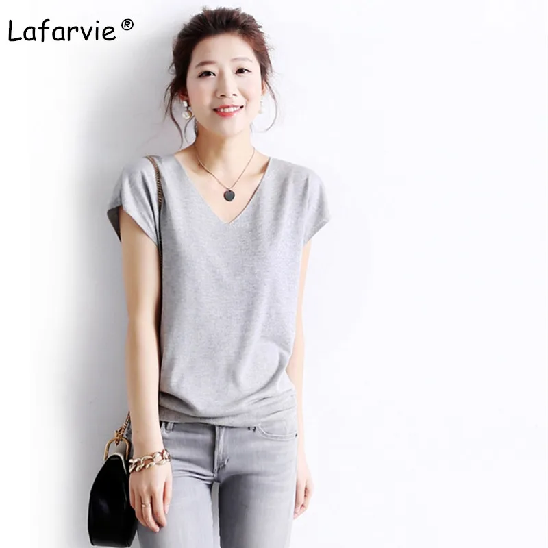 

Lafarvie New Summer Double V Neck Ice Silk Short Sleeve Pullover Women Thin Cool Knitted Sweater Casual Soft multiple color S-L