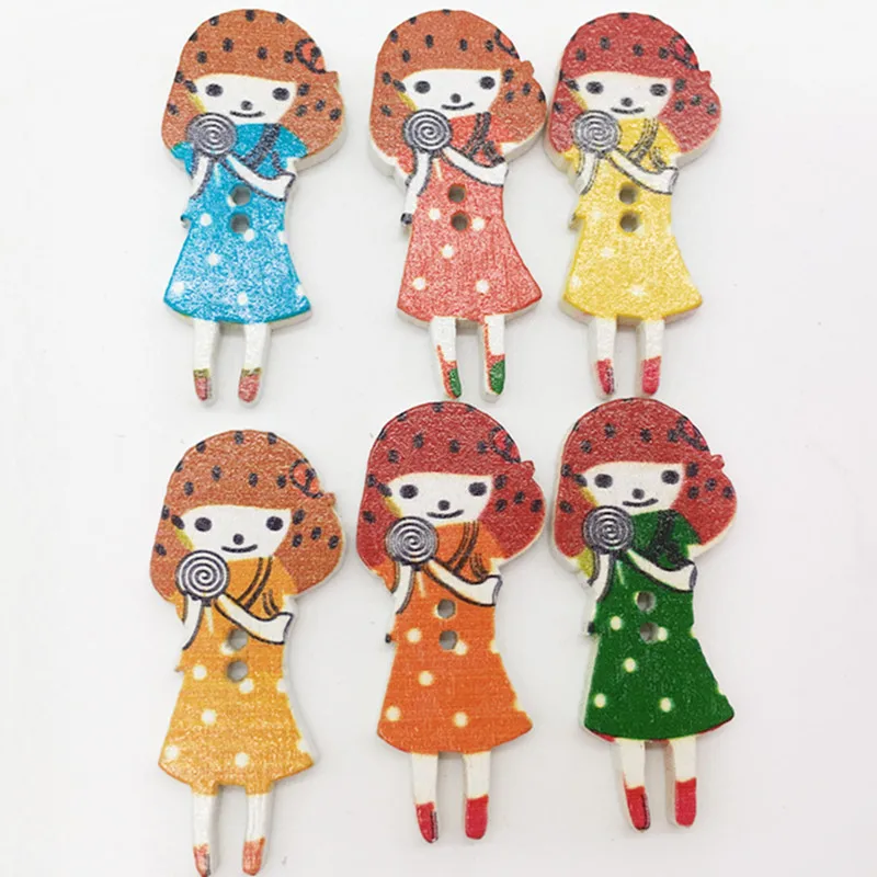 

50pcs/lot Mixed Colors Wood Button Beautiful Girl Style 2 Holes Decorative Painting Wooden Buttons Sewing DIY Accessories
