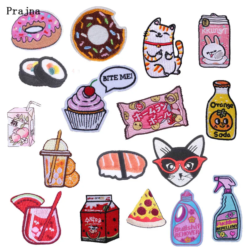 

Prajna Drink Cookie Patch Embroidered Iron on Patch for Clothing Kids Applique Creative Patch Sushi Cat Sticker Supplier Decor F