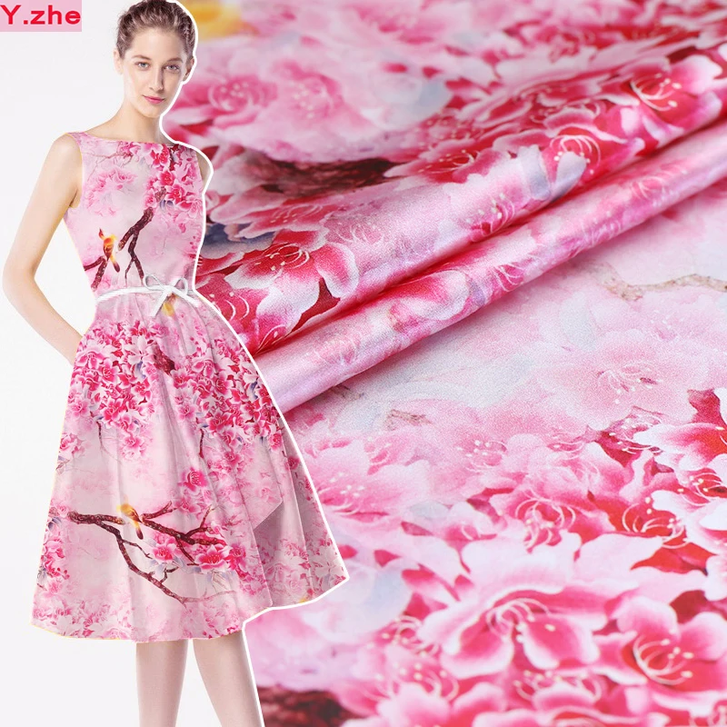 

Width 108cm Stretch Charmeus Silk Fabric Romantic Rose Cherry Digital Printing Silk Fabric Sewing Material Diy Dress Cheongsam
