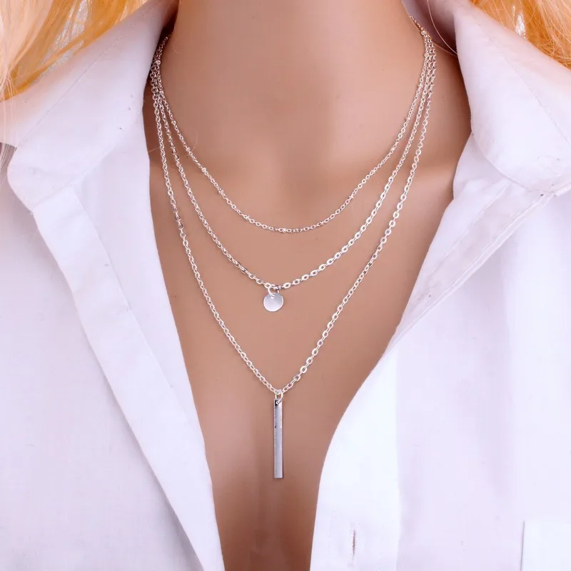 

N177 Simple Fashion Jewelry wholesale Multi Layer Necklace For Women Copper Beads Chain Circular Sequin Strip Pendant Necklace