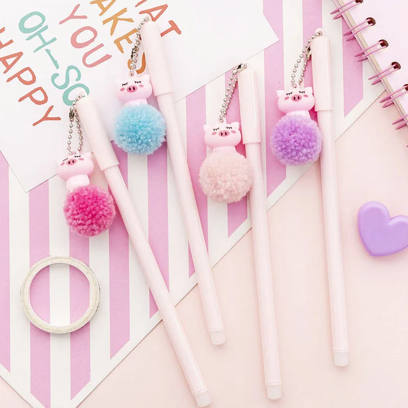 

4pcs/set Korea creative cartoon hair ball powder pig pendant gel pen small fresh cute student writing pen pen pen