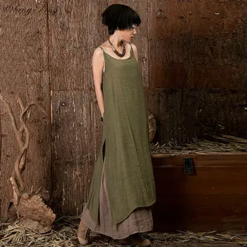 

Woman's Fashion 2018 Summer Linen Dresses Summer Linen Clothes Women Bi-color Long Tank Top Dress Slip Dress V686