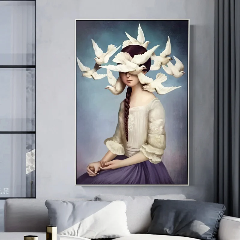 

Modern Woman Peace Pigeon Wall Art Canvas Painting Nordic Poster Posters and Prints Wall Pictures For Living Room Unframed