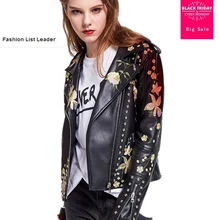 Весна осень модный бренд хорошего качества вышивка бисером кожаная куртка женская уличная стиль pu кожаная куртка wj1076