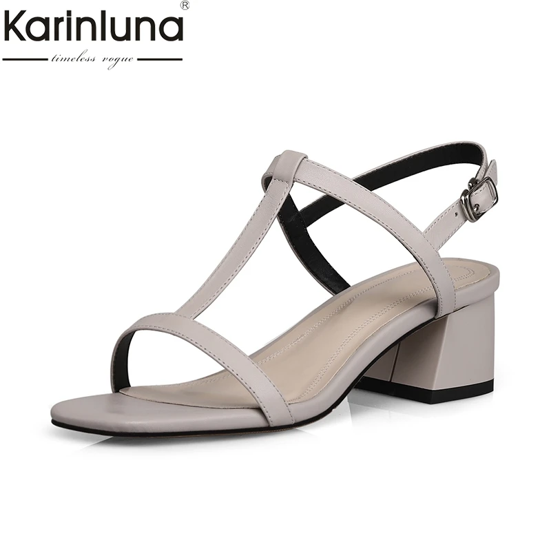 

KarinLuna Fashion big Size 34-43 genuine leather elegant Shoes Women Sandals Square Heels Summer cow leather Sandals woman shoes