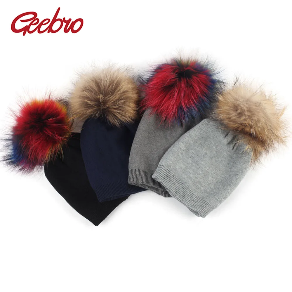 Geebro Baby Beanie шапка Осенняя шерстяная шапочки с помпон из меха енота для новорожденных мальчиков и девочек, свободная шапка с помпоном