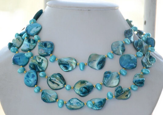 

FREE SHIPPING>>>@@ > RHJ0051 20mm blue square south sea shell rice freshwater pearl necklace 50inch
