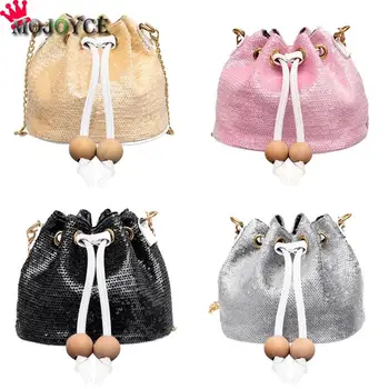 

2018 New Women Fashion Glitter Sequins Bucket Chain Messenger Bag Simple Shoulder Handbag Drawstring Mini Totes Clutch