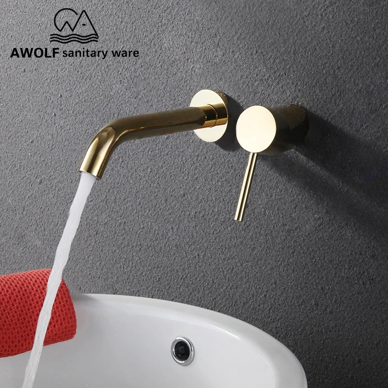 

Bathroom Wall Mounted Spout Solid Brass Basin Faucet Tap Shiny Light Gold Bathtub Shower Mixer Spout For Lavatary Sink ML8036