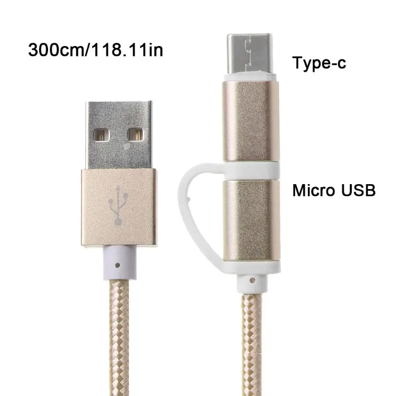 2в1 автомобильный Micro usb type C кабель передачи данных для быстрой зарядки для samsung Oneplus Xiaomi huawei htc SONY Автомобильный Кабель - Название цвета: 3m Gold