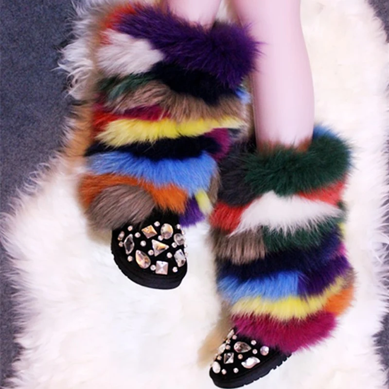 

Hot Women Multi-color Fox fur Mid calf Snow Boots Thick sole Real Fox Hair Ladies Handmade Warm Plush Slip on Winter Boots