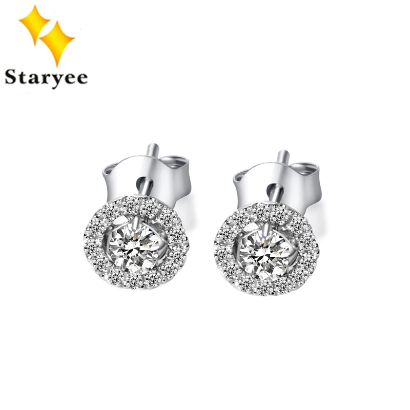 

Halo Style 1Carat Effect Fashion Pure 18K Solid White Gold Simulated Diamonds Stud Earrings For Women Wedding Gift