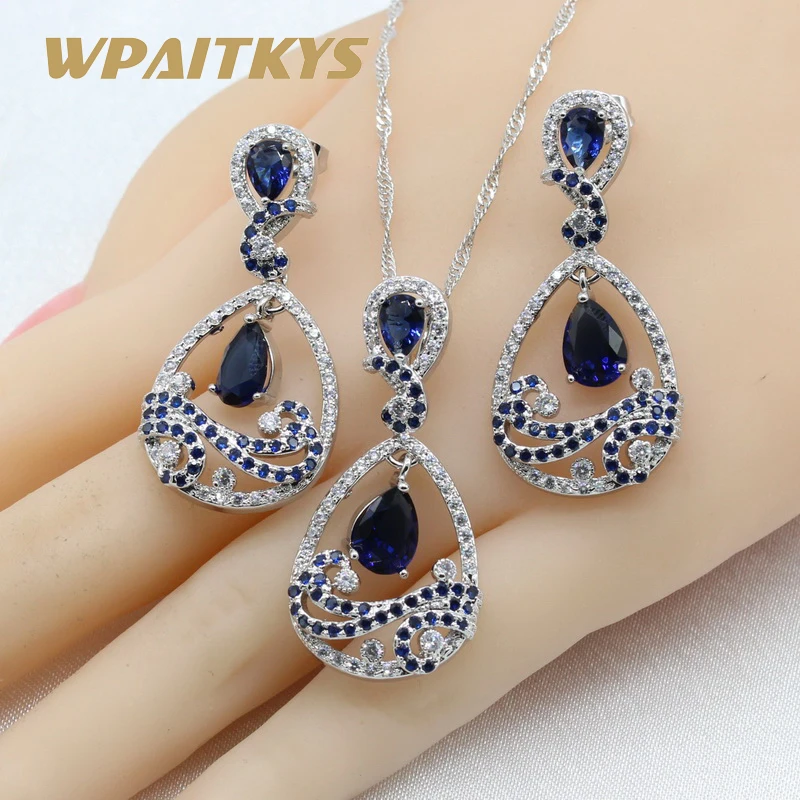 

Water Drop Blue Green 5 Colors 925 Silver Jewelry Sets Necklace Pendant Earrings For Women Free Gift Box