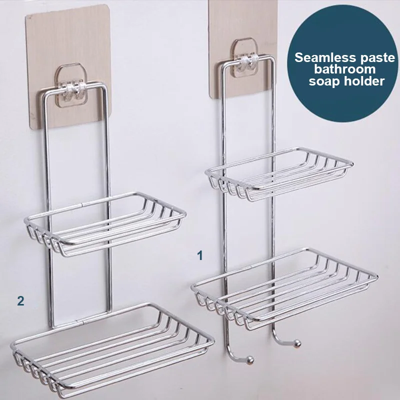 لاصق الفولاذ المقاوم للصدأ حامل الصابون الحائط مزدوجة طبقات تخزين الرف للحمام المطبخ J2Y