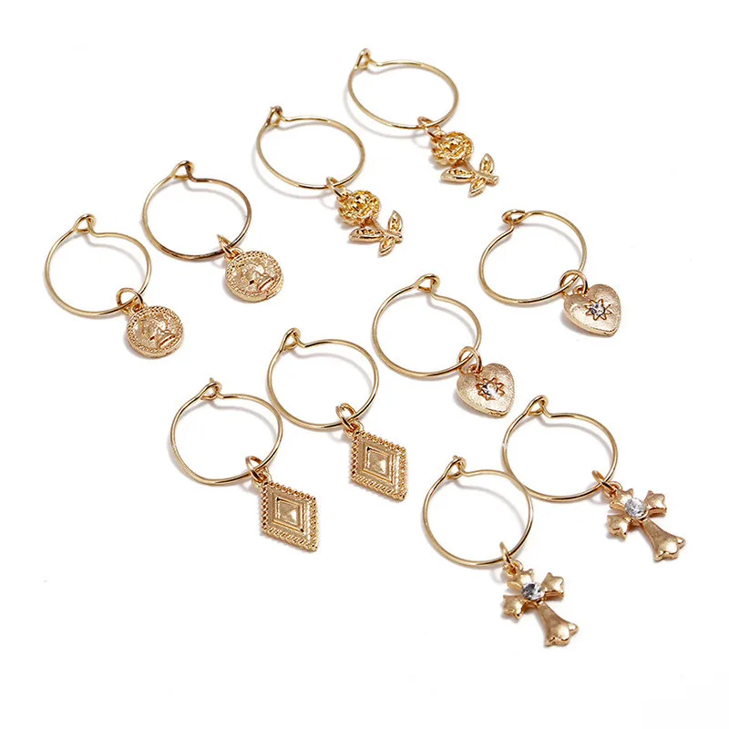 

High Grade Rhinestone Gold Color Cross Rose Flower Shaped Dangle Earrings For Women Girls Ear Jewelry Gifts 5 pairs