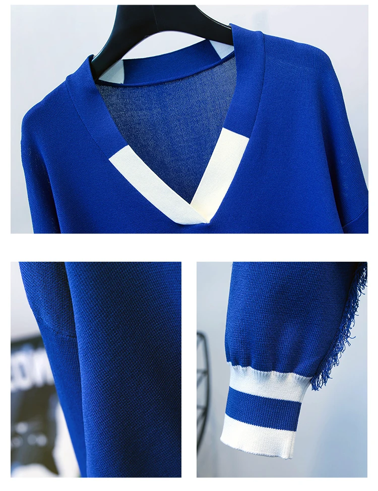 Высокое качество стильный дизайнерский подиумный костюм набор женский свитер с v-образным вырезом трикотажные брюки набор