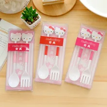 

2pcs/set Outdoor Travel Dinnerware Set Hello kitty Plastic Cartoon Cutlery Kit Baby Gift Tableware for Kids 7C