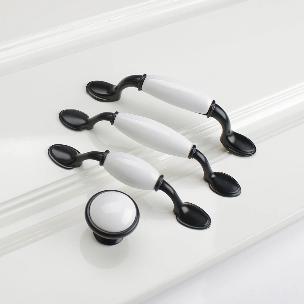 1pc Black White Door Handles Country Style Ceramic Drawer Pulls