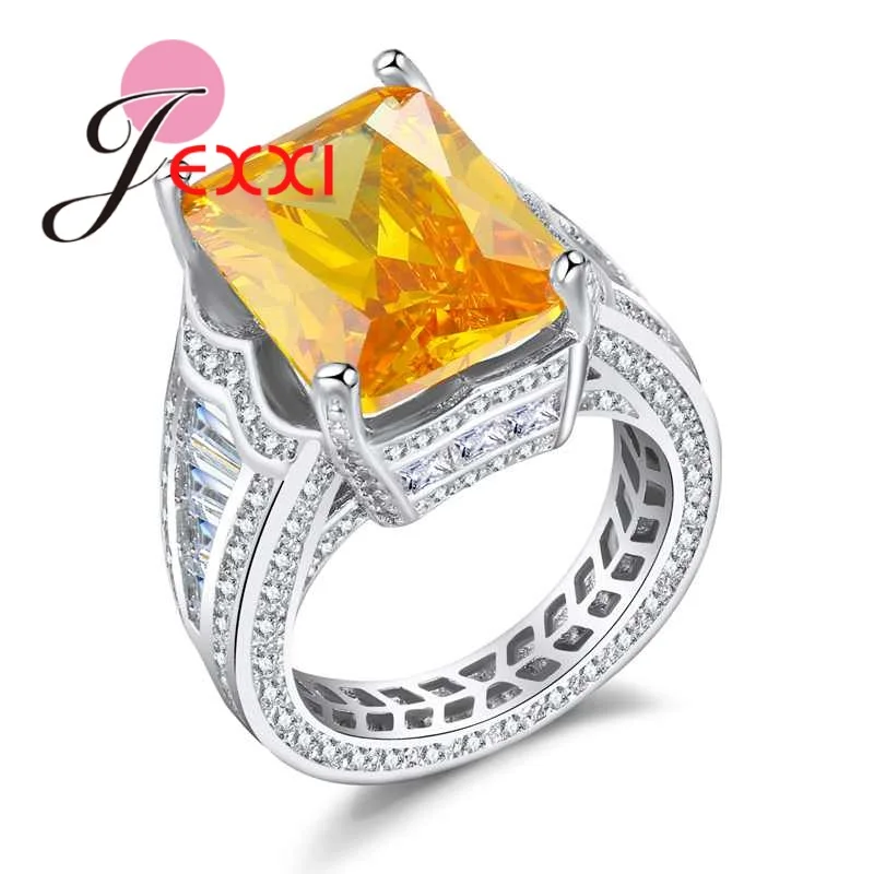 

JEXXI Top Quality 925 Sterling Silver Wedding Rings For Women Men Yellow Cubic Zirconia Square Design Finger Rings Chrismas Gift