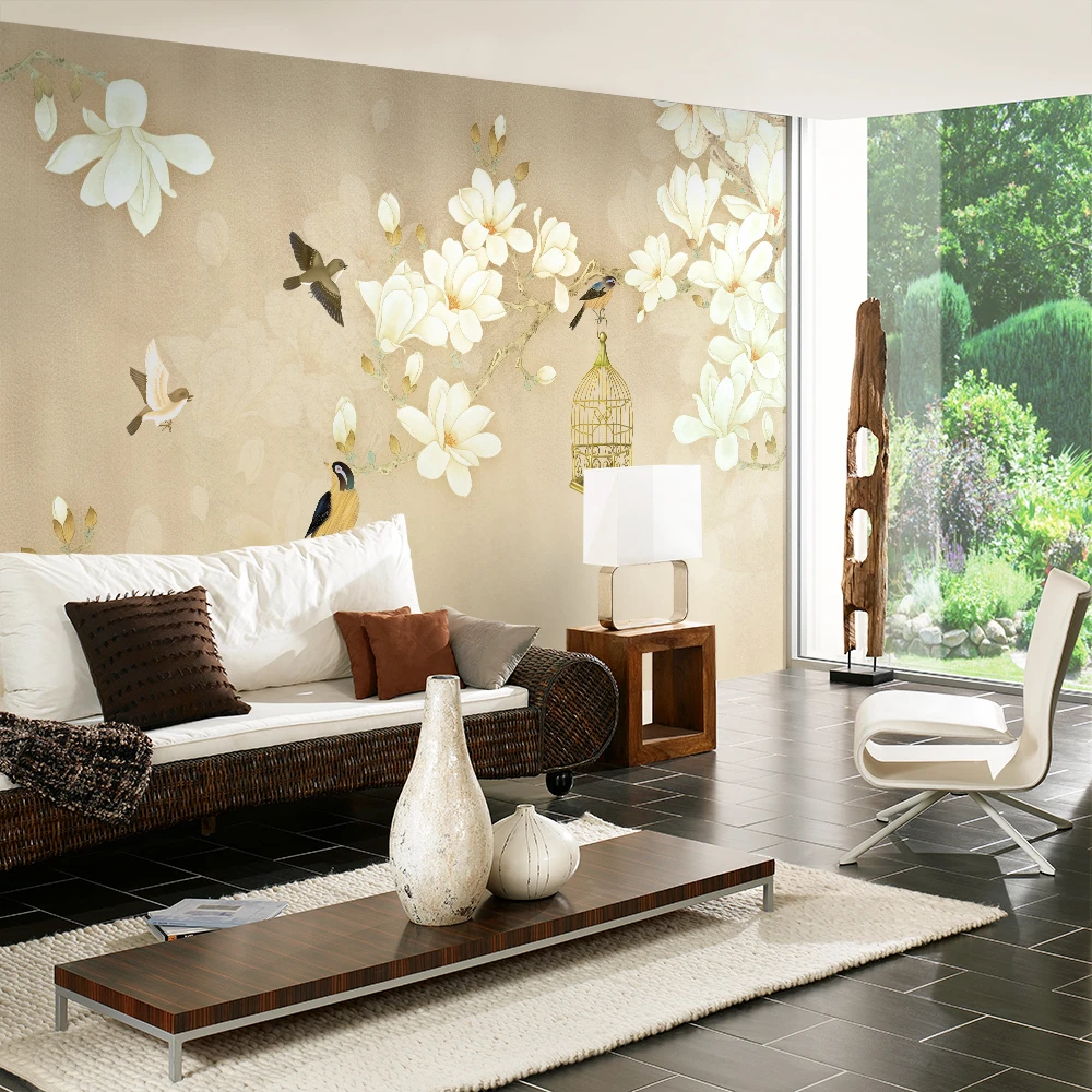 Custom 3d wallpaper new Chinese classical art pen flower bird branch bird cage background wall - silk waterproof material Custom 3d wallpaper new Chinese classical art pen flower bird branch bird cage background wall - silk waterproof material