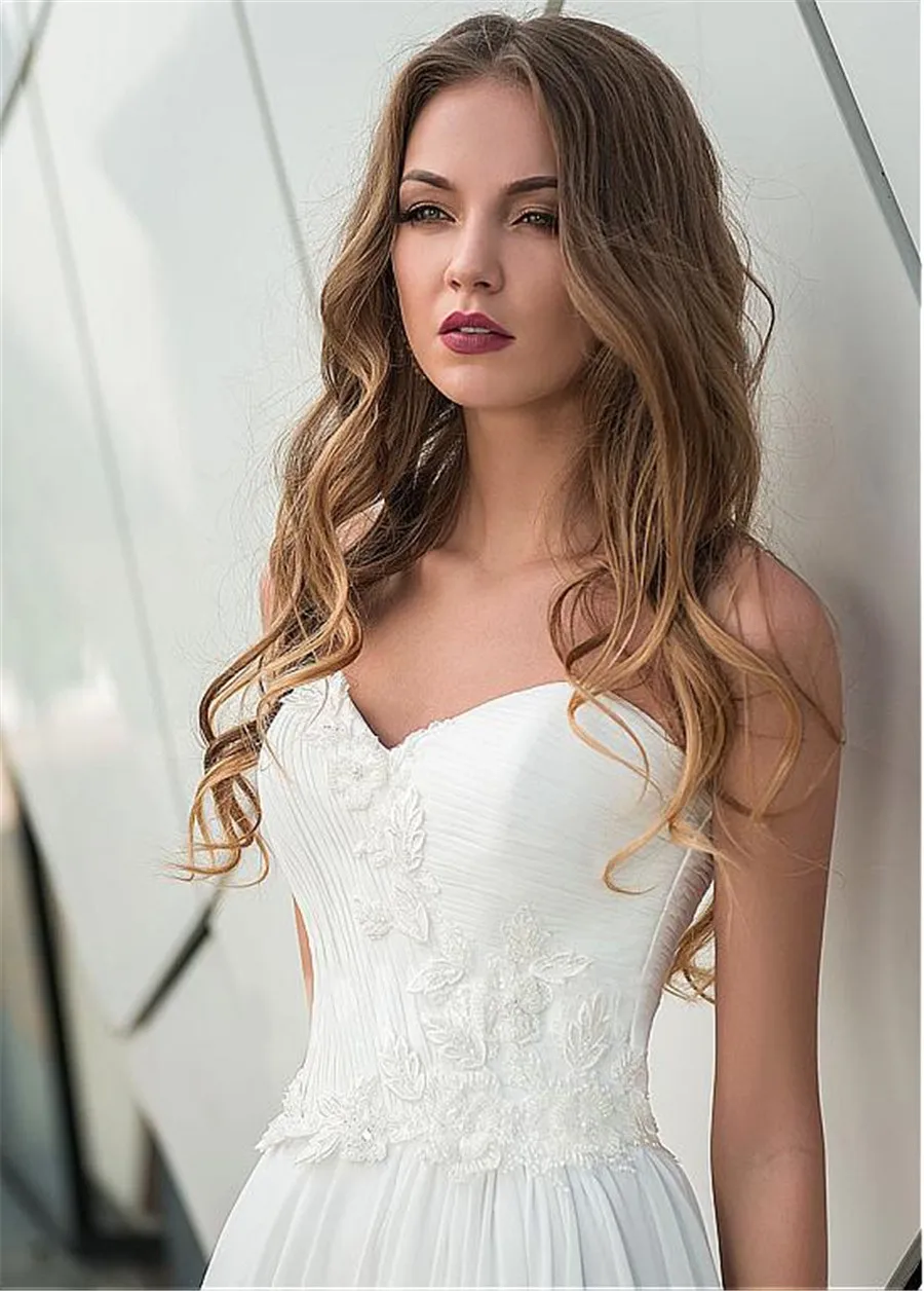 

Summer Modest Chiffon Lace Appliques Sweetheart A-line 2019 Muslim Arabic Wedding Dress Boho Sofuge Vestido De Noiva