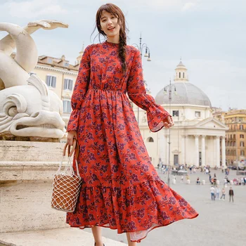 

INMAN Spring Autumn Stand Collar Flower Print Elastic A Line Women Long Sleeve Dress