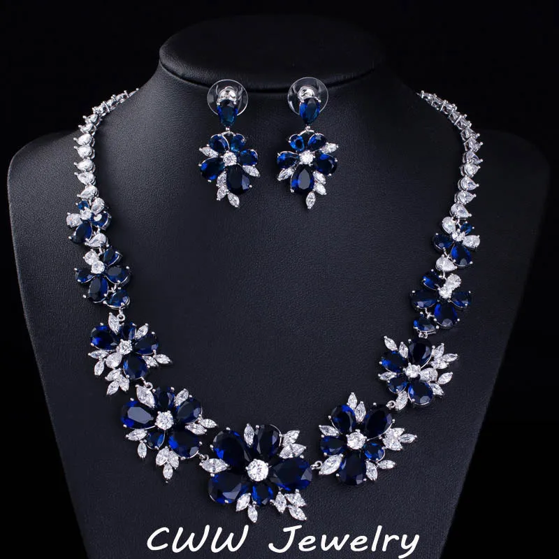 

CWWZircons Blue CZ Bridal Jewelry Big Cubic Zirconia Stone Flower Wedding Choker Necklace Earrings Sets For Women T153