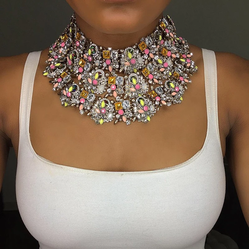 Dvacaman New Large Layers Crystal Big Statement Necklace Women Party Charm Maxi Pendant Necklace