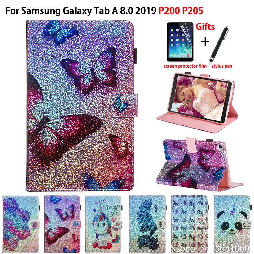 

Case For Samsung galaxy tab A 8.0 2019 with S Pen SM-P200 P200 P205 P207 Cover Funda Glitter Butterfly Painted Stand Shell +Gift
