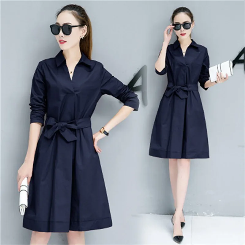 Модное платье-рубашка, женское Повседневное платье, Осеннее женское платье-пуловер с длинными рукавами, приталенное платье-рубашка 1SA62 - Цвет: Navy blue