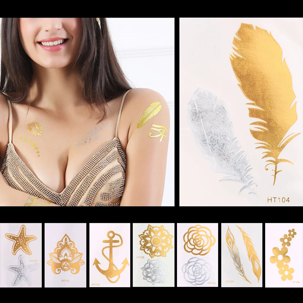 

1pc Flash Gold Silver Metallic Feather Tattoo Decal Color Temporary Women Hair Makeup Flower Body Art Tattoo Sticker Design Gift