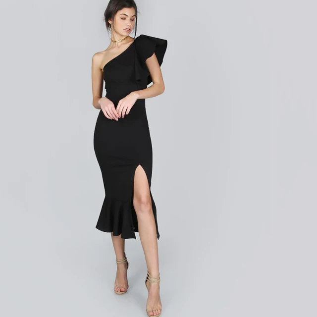 one shoulder split dress