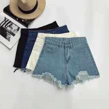 Корейские BF летние широкие брюки женские повседневные синие джинсовые шорты с высокой талией женские потертые Дырокол джинсовые шорты Большие размеры