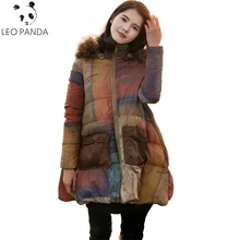 С принтом енота меховой воротник пуховик женский зима Плюс Размер Повседневная парка свободный с капюшоном Женский пальто Длинная одежда