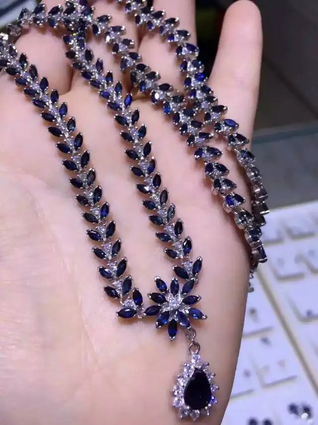 Natural blue sapphire stone Necklace Natural Gemstone Pendant Necklace 925 sliver trendy Luxury font b big