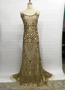 

2019 High Quality African Lace Fabric Emerald Gold French Net Embroidery Sequins Tulle Lace Fabric For Nigerian party Dress 5 Y