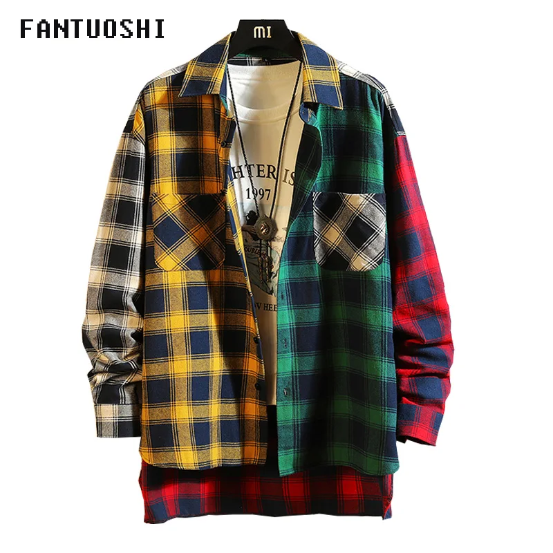 

Autumn New Fashion Brand Men Clothes Slim Fit Men Long Sleeve Shirt Men Plaid Cotton Casual Men Shirt splice Plus Size M-3XL
