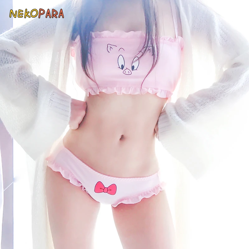 

Kawaii Pig Bow Cute Japanese Milk Silk Camisoles & Panties Set Wirefree Soft Underwear Sleep Intimates Set Lolita Color PInk