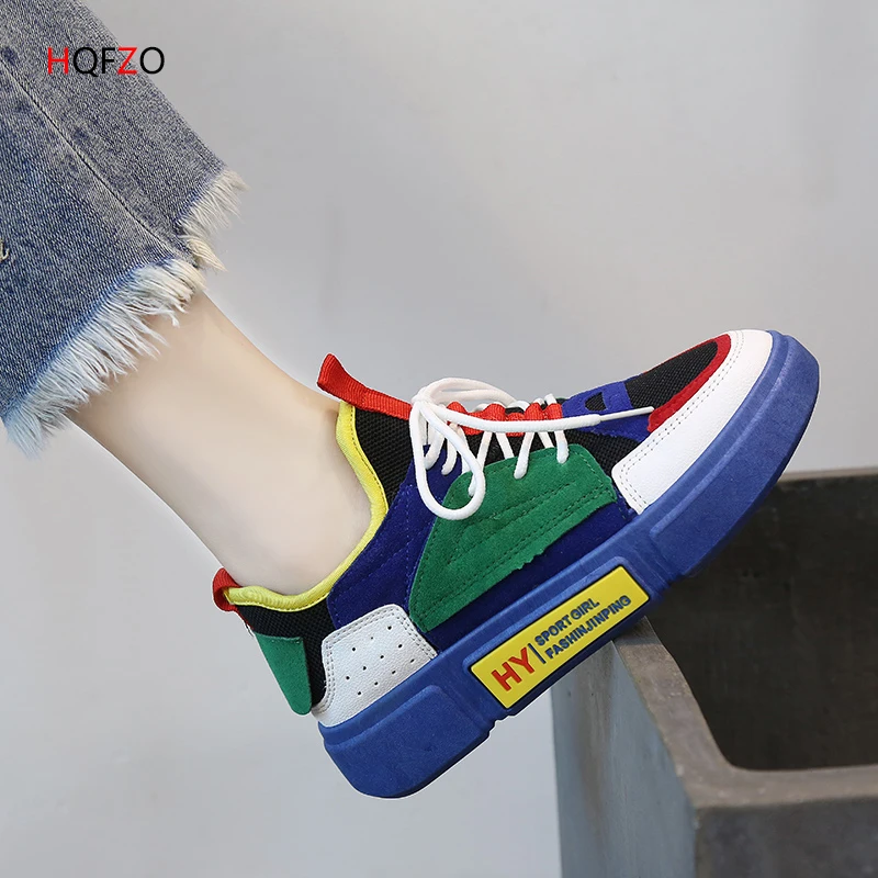 Vente HQFZO Femme Vulcaniser Plate Forme Automne 2018 Respirant Sneaker Chaussures Femme Couleur Bloc Fond Épais Lady Casual Chaussures Sneakers