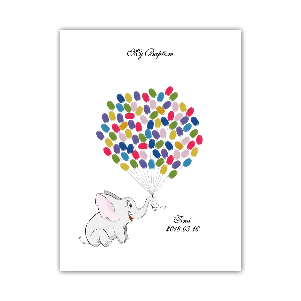 Cute Elephant Balloon Fingerprint Pictures Canvas Print Painting Baby Shower Baptism Signature Art Poster Customized Guest Book