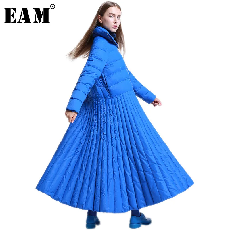 [EAM] 2019 Spring Woman Stylish Long Sleeve Long Loose Spliced Hem Vertical Stripes Down Jacket Women Parkas LD0174